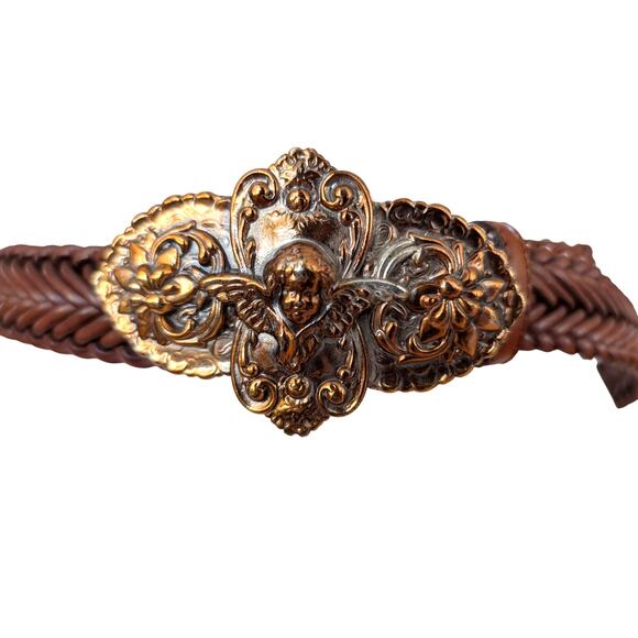 Vintage Leather Belt Braided Belt Metal Cherub Buckle 1995 - Picture 2 of 6
